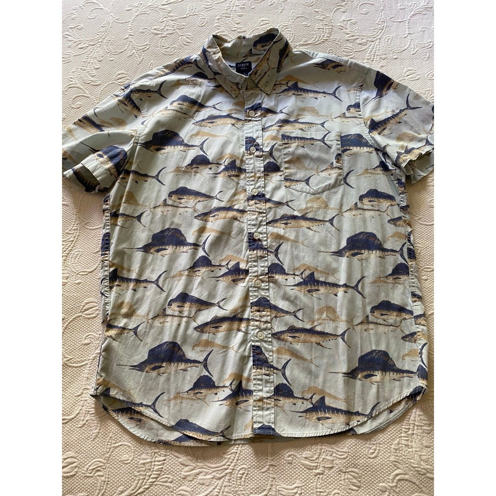 J Crew Flex Men's Large Marlin Fish Print Short Sleeve Button Down Shirt s19
